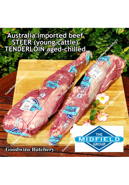 Beef Tenderloin aged chilled Australia STEER young-cattle whole cut brand MIDFIELD +/- 2.5 kg/pc price/kg (eye fillet mignon daging sapi has dalam) PREORDER 2-3 days notice